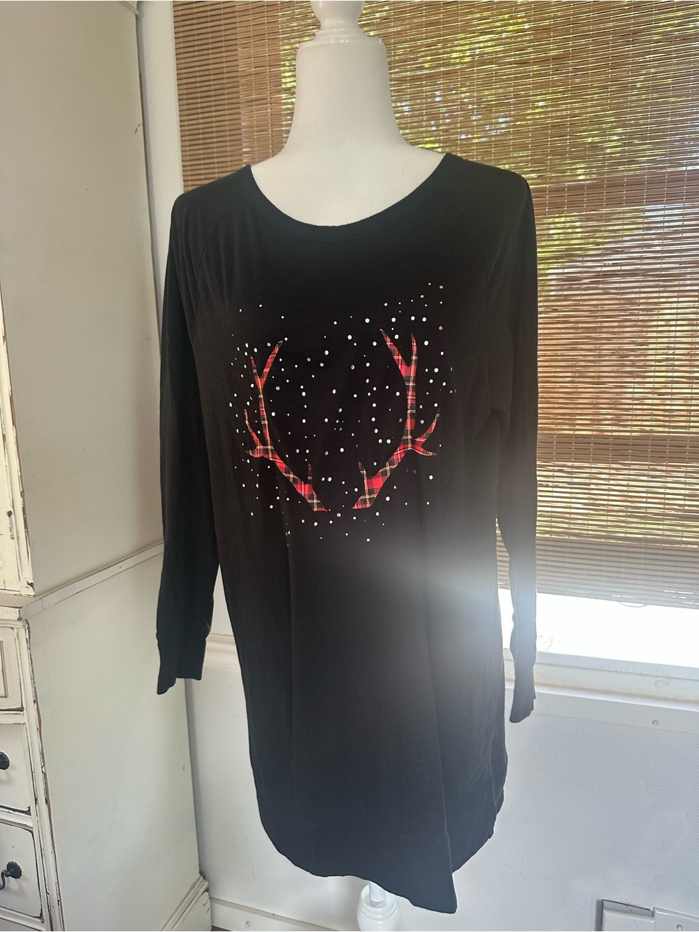 Victoria's Secret Black Sweatshirt with Red Plaid Antler Graphic